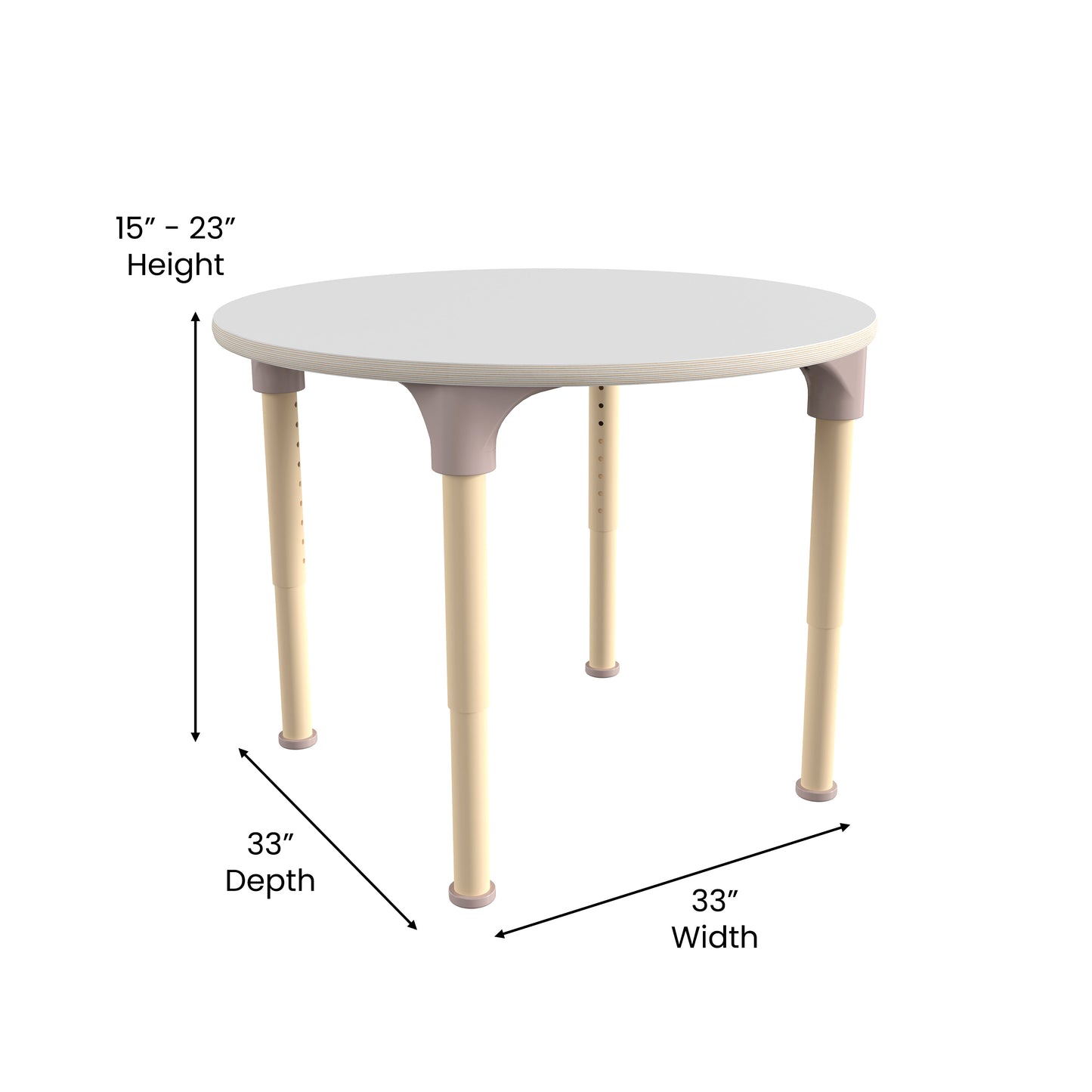 Bright Beginnings 33" Round Commercial Grade Wooden Adjustable Height Classroom Activity Table - Metal Legs Adjust From 15"H - 23"H, Beech/White White Top/Natural Frame