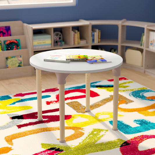 Bright Beginnings 33" Round Commercial Grade Wooden Adjustable Height Classroom Activity Table - Metal Legs Adjust From 15"H - 23"H, Beech/White White Top/Natural Frame