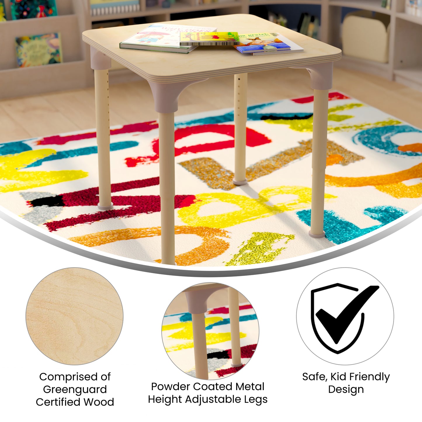 Bright Beginnings 24" Square Commercial Grade Wooden Adjustable Height Classroom Activity Table - Metal Legs Adjust From 15"H - 23"H, Beech Beech