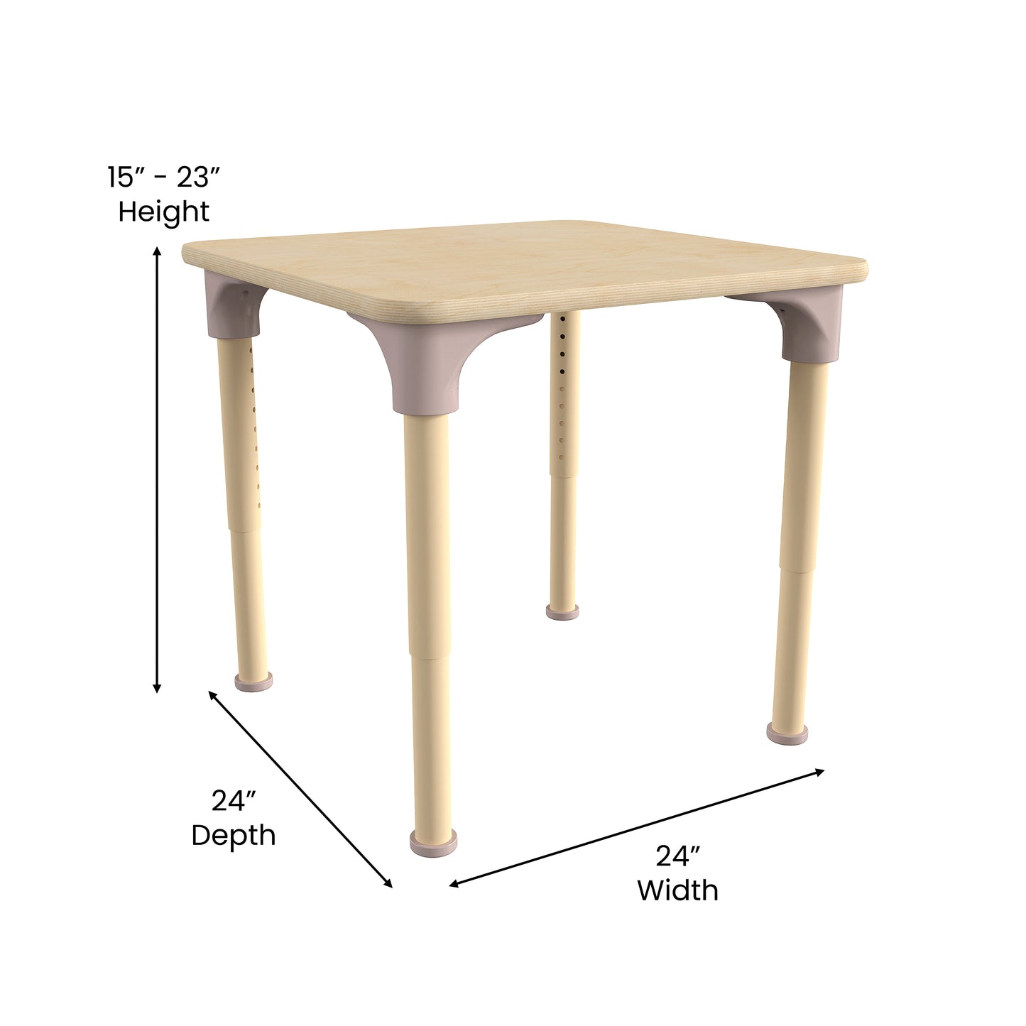 Bright Beginnings 24" Square Commercial Grade Wooden Adjustable Height Classroom Activity Table - Metal Legs Adjust From 15"H - 23"H, Beech Beech