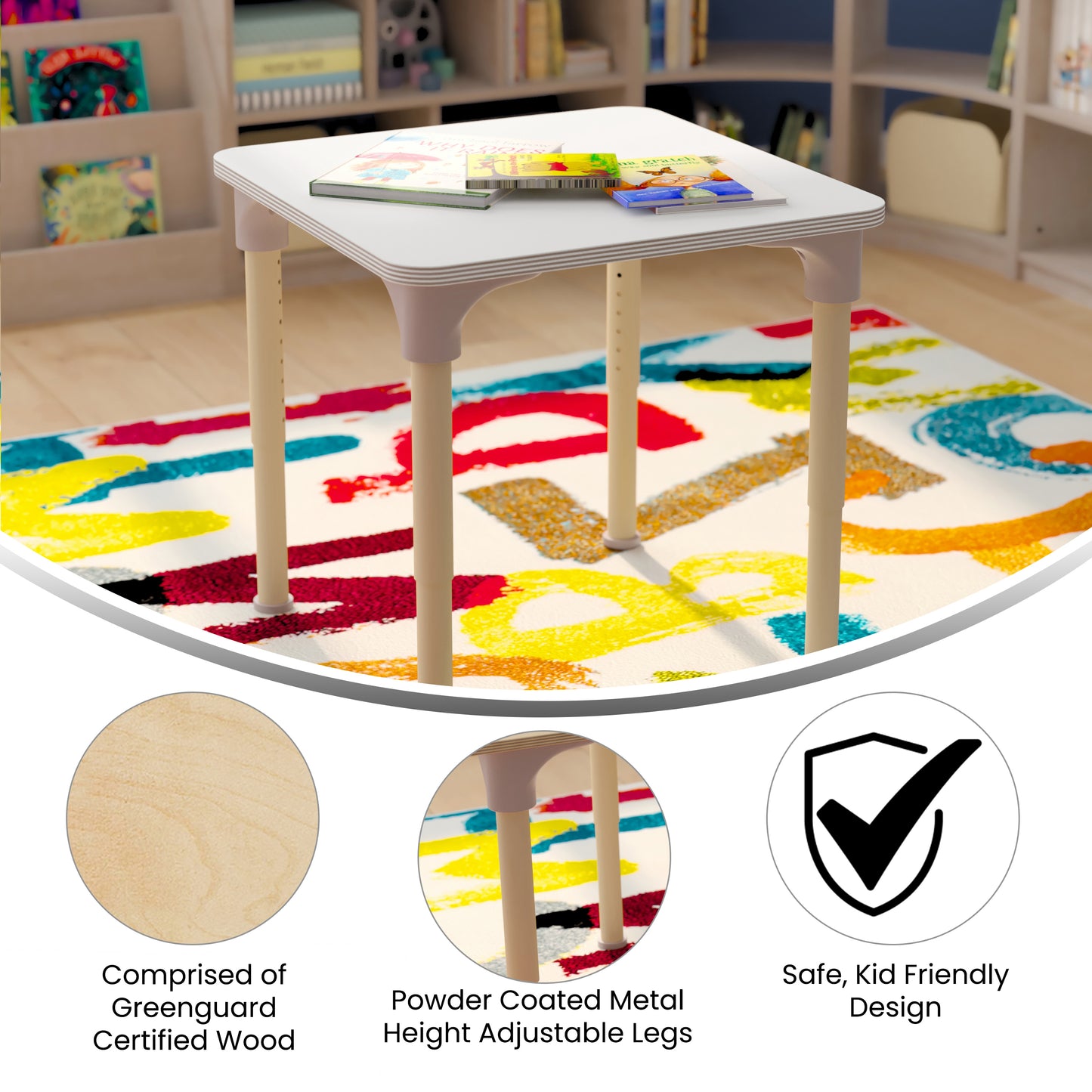 Bright Beginnings 24" Square Commercial Grade Wooden Adjustable Height Classroom Activity Table - Metal Legs Adjust From 15"H - 23"H, Beech/White White Top/Natural Frame