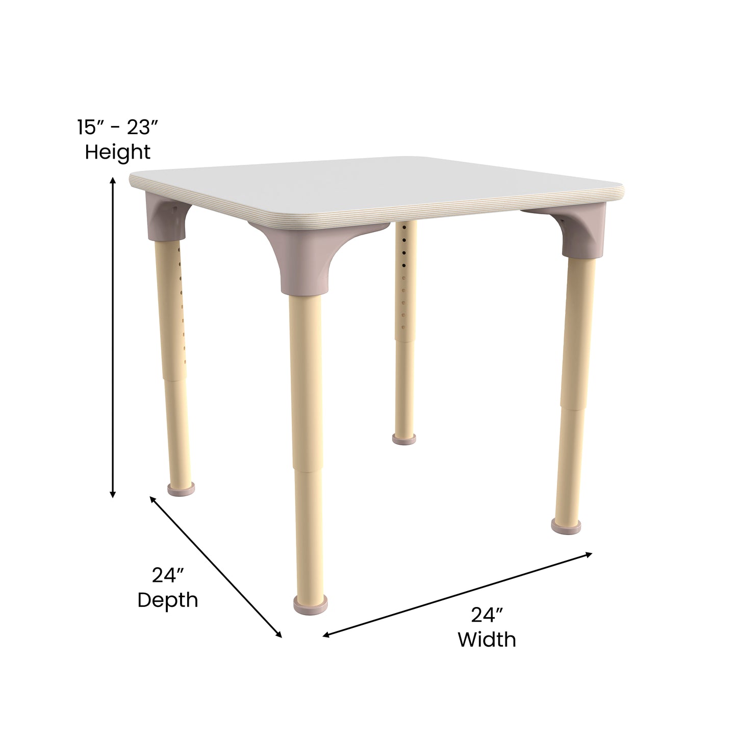 Bright Beginnings 24" Square Commercial Grade Wooden Adjustable Height Classroom Activity Table - Metal Legs Adjust From 15"H - 23"H, Beech/White White Top/Natural Frame