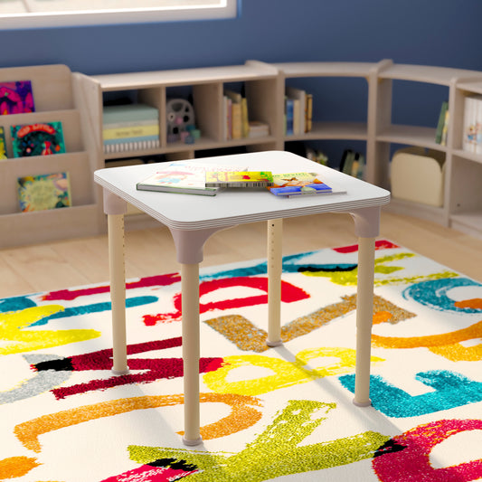 Bright Beginnings 24" Square Commercial Grade Wooden Adjustable Height Classroom Activity Table - Metal Legs Adjust From 15"H - 23"H, Beech/White White Top/Natural Frame