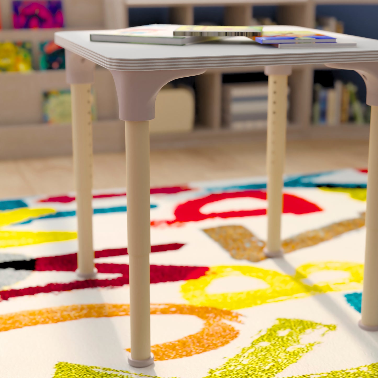 Bright Beginnings 24" Square Commercial Grade Wooden Adjustable Height Classroom Activity Table - Metal Legs Adjust From 15"H - 23"H, Beech/White White Top/Natural Frame