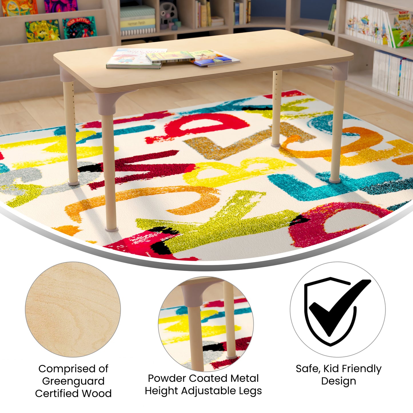 Bright Beginnings 23.5" x 47" Commercial Grade Wooden Rectangle Adjustable Height Classroom Activity Table - Metal Legs Adjust From 15"H - 23"H, Beech Beech