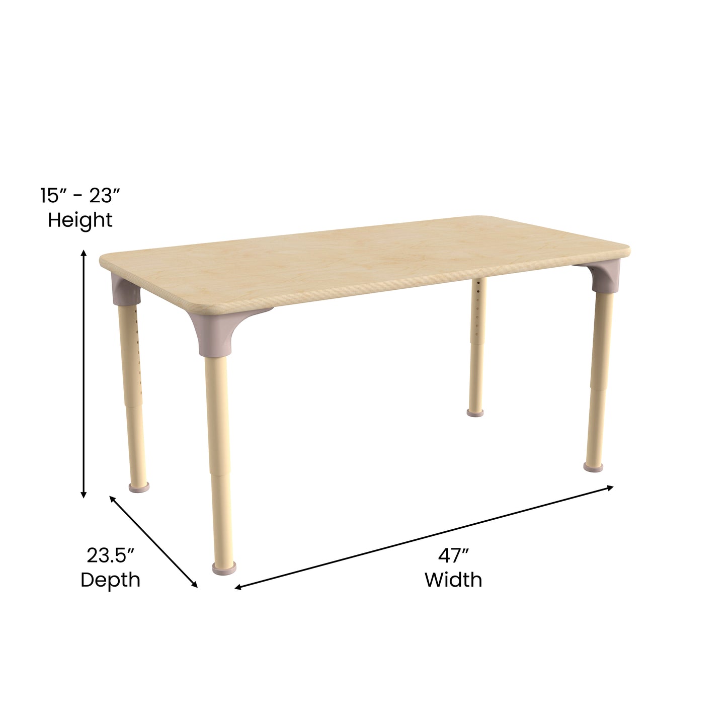 Bright Beginnings 23.5" x 47" Commercial Grade Wooden Rectangle Adjustable Height Classroom Activity Table - Metal Legs Adjust From 15"H - 23"H, Beech Beech