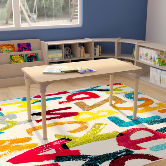 Bright Beginnings 23.5" x 47" Commercial Grade Wooden Rectangle Adjustable Height Classroom Activity Table - Metal Legs Adjust From 15"H - 23"H, Beech Beech