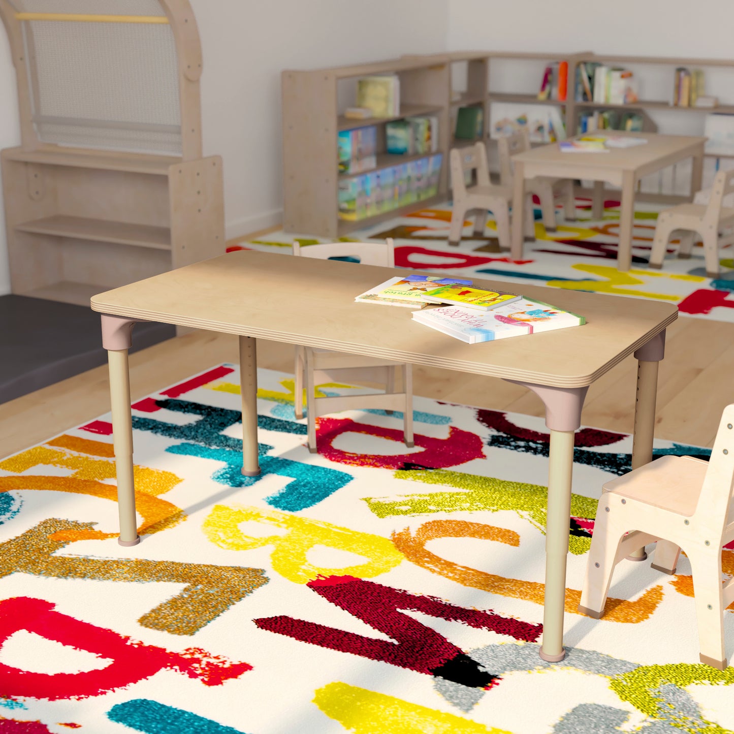 Bright Beginnings 23.5" x 47" Commercial Grade Wooden Rectangle Adjustable Height Classroom Activity Table - Metal Legs Adjust From 15"H - 23"H, Beech Beech