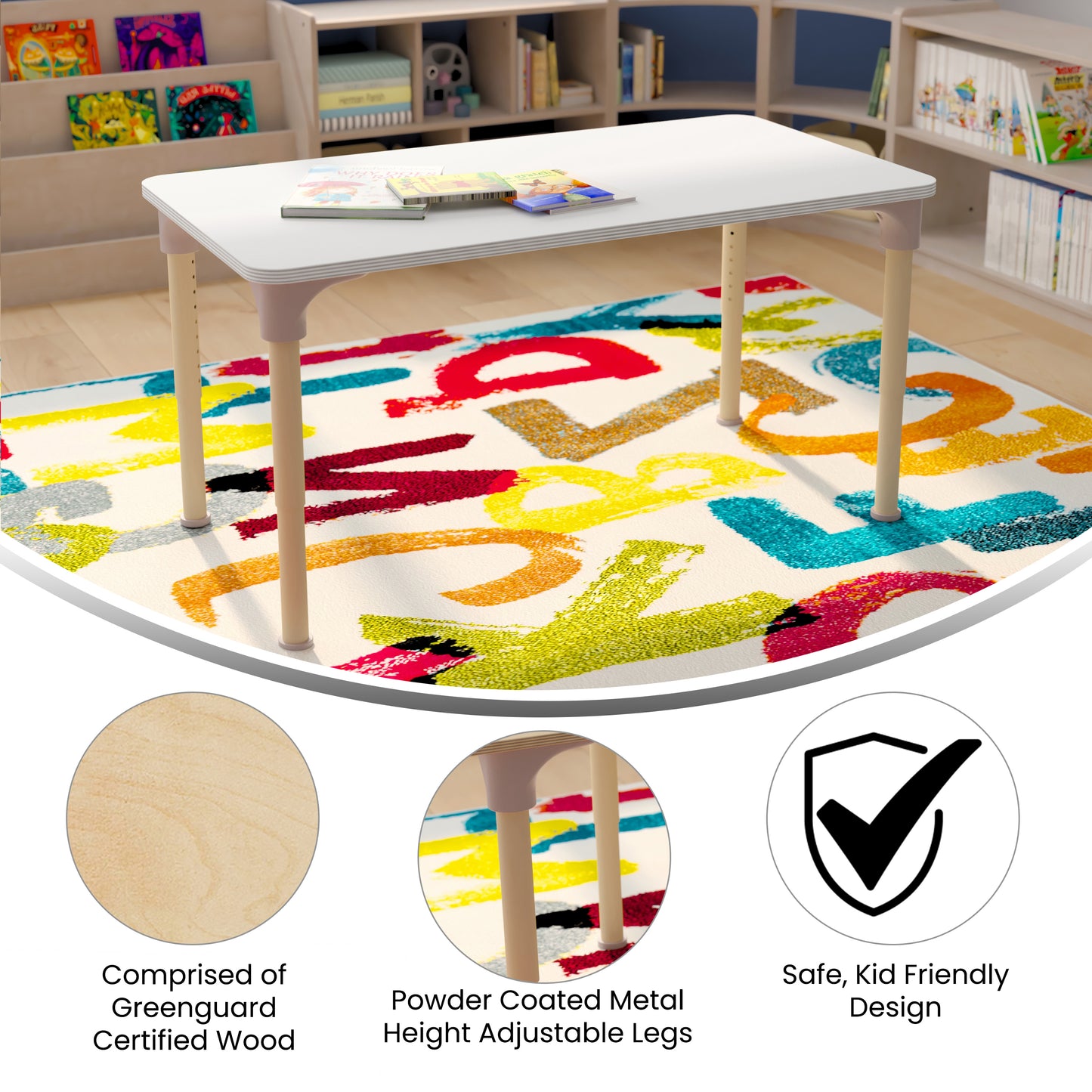 Bright Beginnings 23.5" x 47" Commercial Wooden Rectangle Adjustable Height Classroom Activity Table - Metal Legs Adjust From 15"H - 23"H, Beech/White White Top/Natural Frame