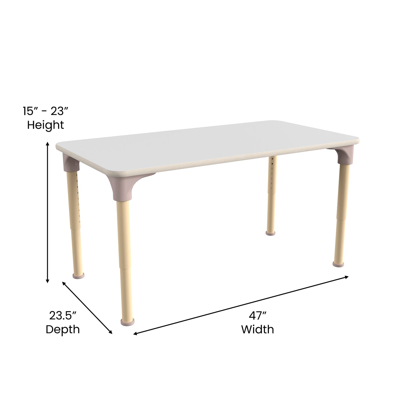 Bright Beginnings 23.5" x 47" Commercial Wooden Rectangle Adjustable Height Classroom Activity Table - Metal Legs Adjust From 15"H - 23"H, Beech/White White Top/Natural Frame