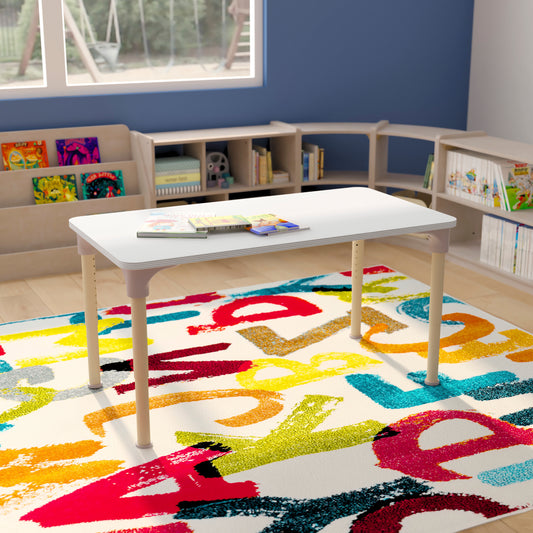 Bright Beginnings 23.5" x 47" Commercial Wooden Rectangle Adjustable Height Classroom Activity Table - Metal Legs Adjust From 15"H - 23"H, Beech/White White Top/Natural Frame