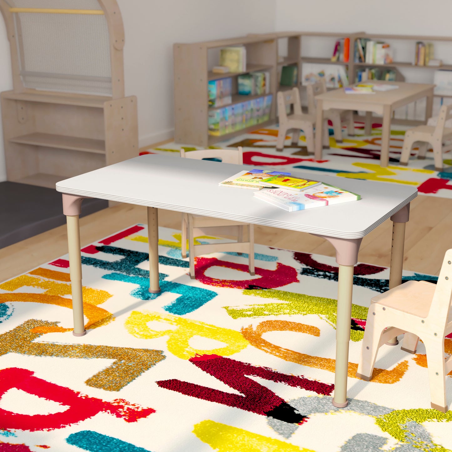 Bright Beginnings 23.5" x 47" Commercial Wooden Rectangle Adjustable Height Classroom Activity Table - Metal Legs Adjust From 15"H - 23"H, Beech/White White Top/Natural Frame