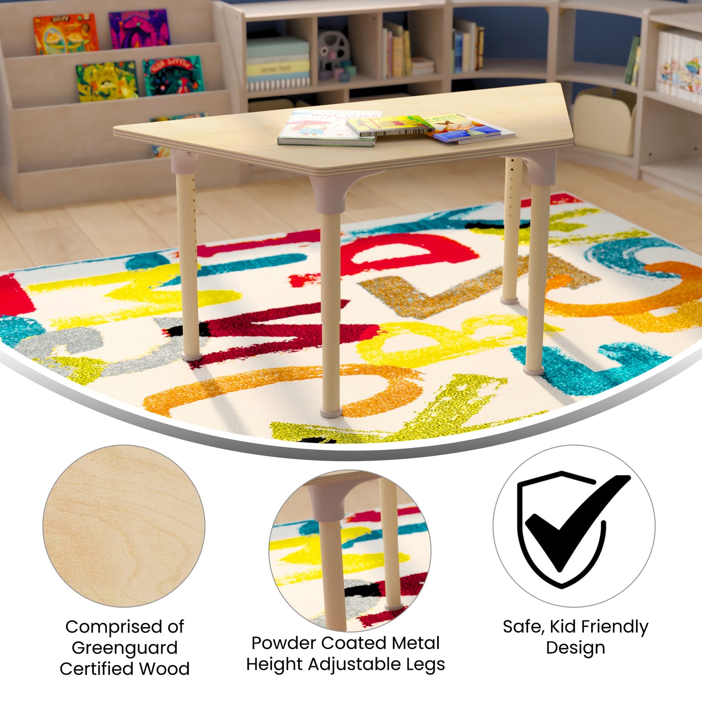 Bright Beginnings 47" Commercial Grade Wooden Trapezoid Adjustable Height Classroom Activity Table - Metal Legs Adjust From 15"H - 23"H, Beech Beech