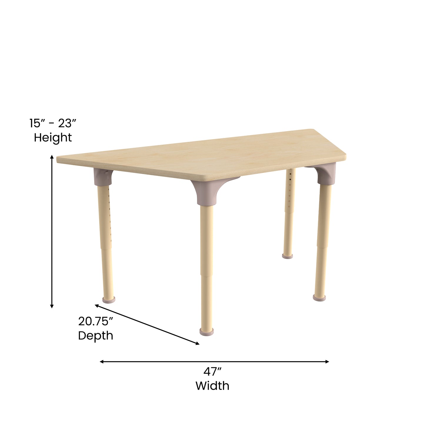 Bright Beginnings 47" Commercial Grade Wooden Trapezoid Adjustable Height Classroom Activity Table - Metal Legs Adjust From 15"H - 23"H, Beech Beech