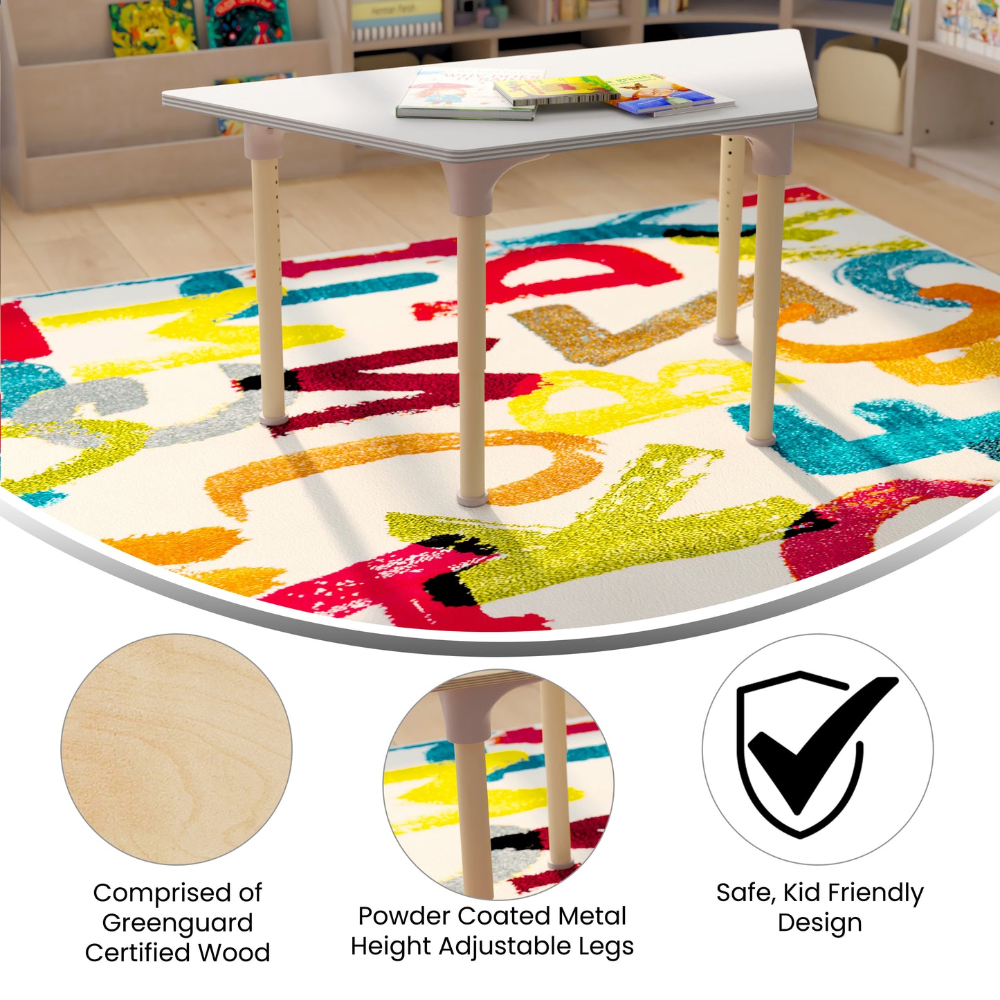 Bright Beginnings 47" Commercial Grade Wooden Trapezoid Adjustable Height Classroom Activity Table - Metal Legs Adjust From 15"H - 23"H, Beech/White White Top/Natural Frame