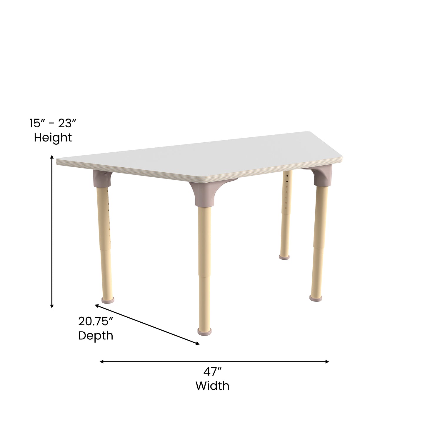 Bright Beginnings 47" Commercial Grade Wooden Trapezoid Adjustable Height Classroom Activity Table - Metal Legs Adjust From 15"H - 23"H, Beech/White White Top/Natural Frame