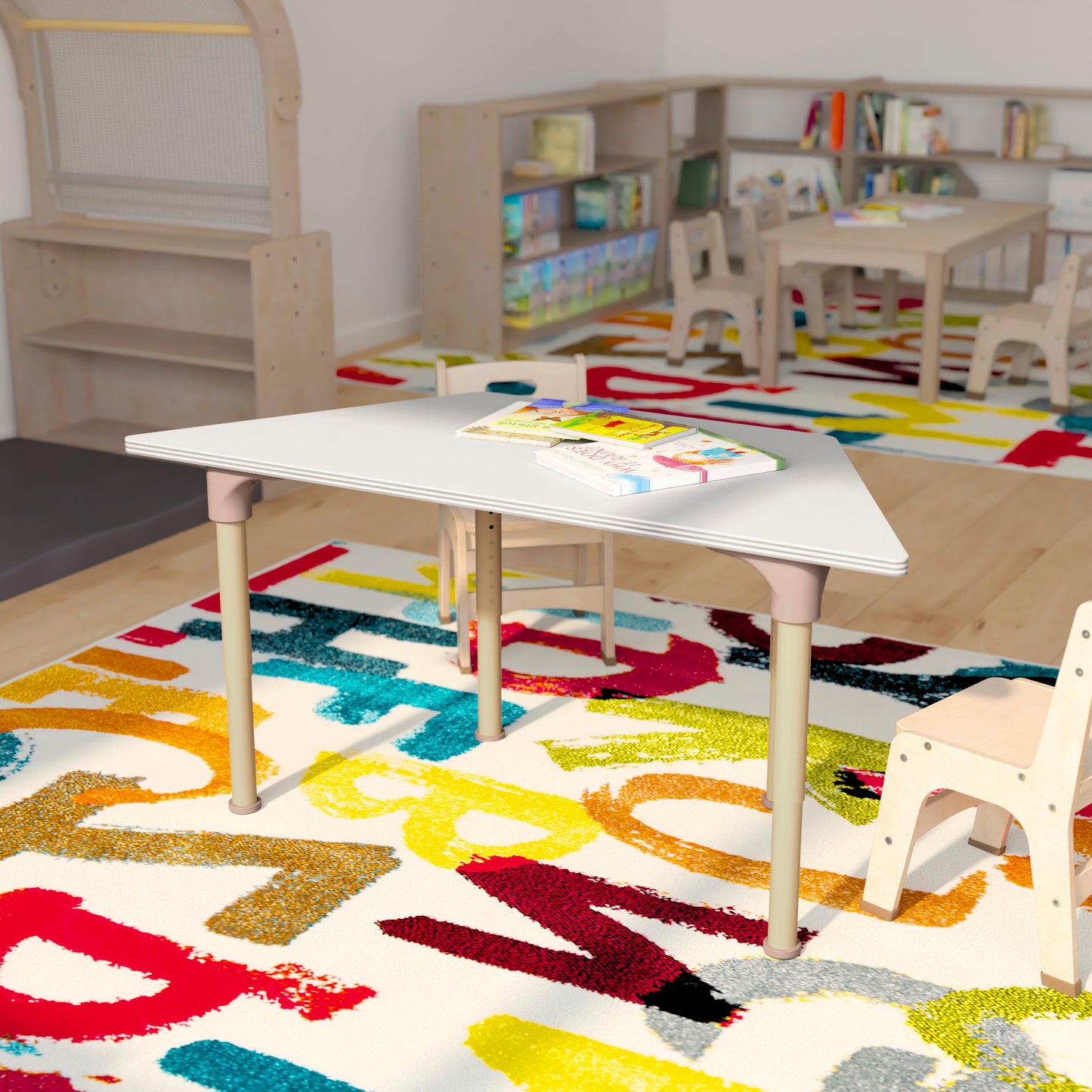 Bright Beginnings 47" Commercial Grade Wooden Trapezoid Adjustable Height Classroom Activity Table - Metal Legs Adjust From 15"H - 23"H, Beech/White White Top/Natural Frame