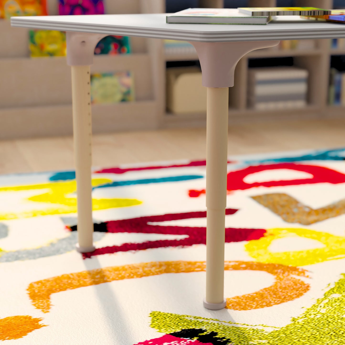 Bright Beginnings 47" Commercial Grade Wooden Trapezoid Adjustable Height Classroom Activity Table - Metal Legs Adjust From 15"H - 23"H, Beech/White White Top/Natural Frame