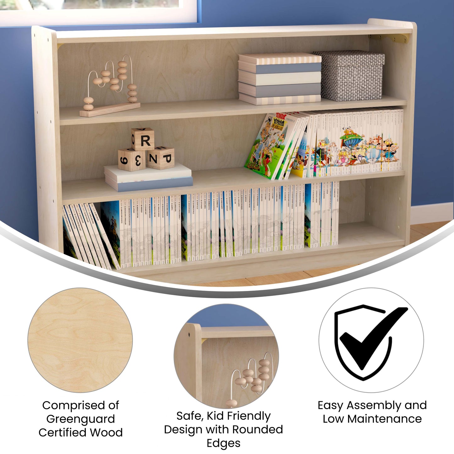 Bright Beginnings Commercial Grade Extra Wide 3 Shelf Wooden Classroom Open Storage Unit, Safe, Kid Friendly Design, Natural Beech