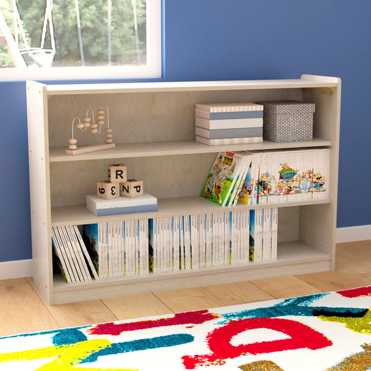Bright Beginnings Commercial Grade Extra Wide 3 Shelf Wooden Classroom Open Storage Unit, Safe, Kid Friendly Design, Natural Beech