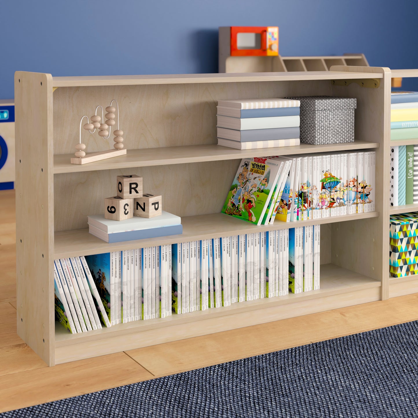 Bright Beginnings Commercial Grade Extra Wide 3 Shelf Wooden Classroom Open Storage Unit, Safe, Kid Friendly Design, Natural Beech