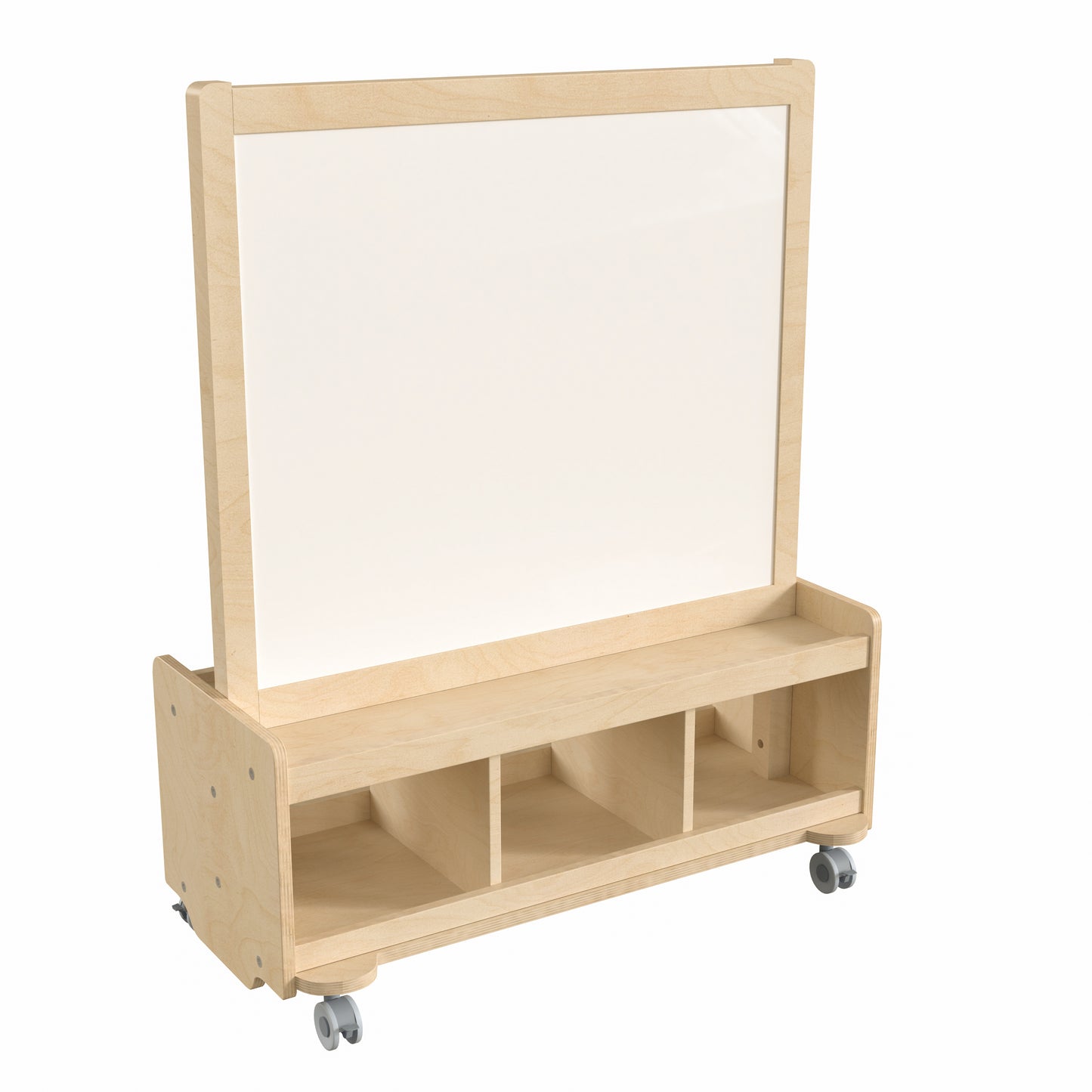 Bright Beginnings Commercial Wooden Mobile Dual Sided 2 Person Art Station with Locking Caster Wheels and Bottom Cubby Storage, Natural Beech