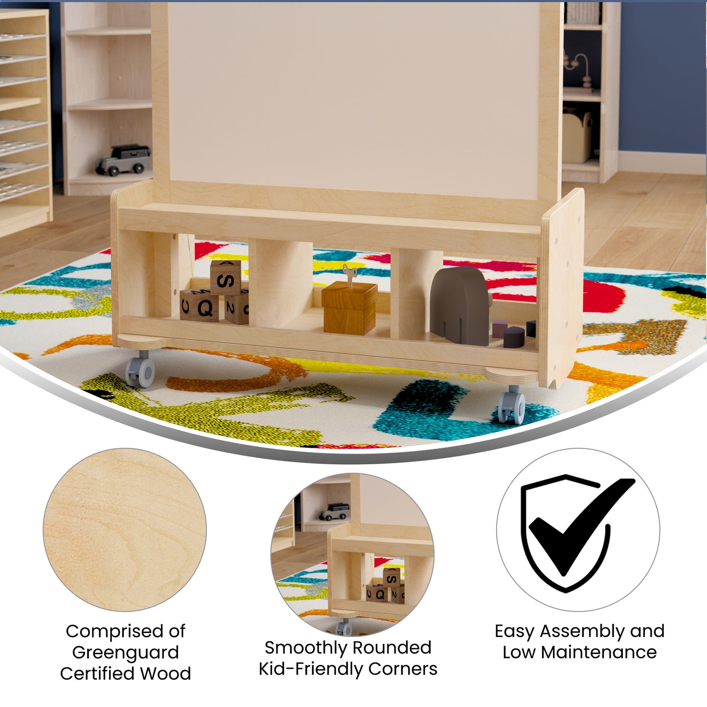 Bright Beginnings Commercial Wooden Mobile Dual Sided 2 Person Art Station with Locking Caster Wheels and Bottom Cubby Storage, Natural Beech
