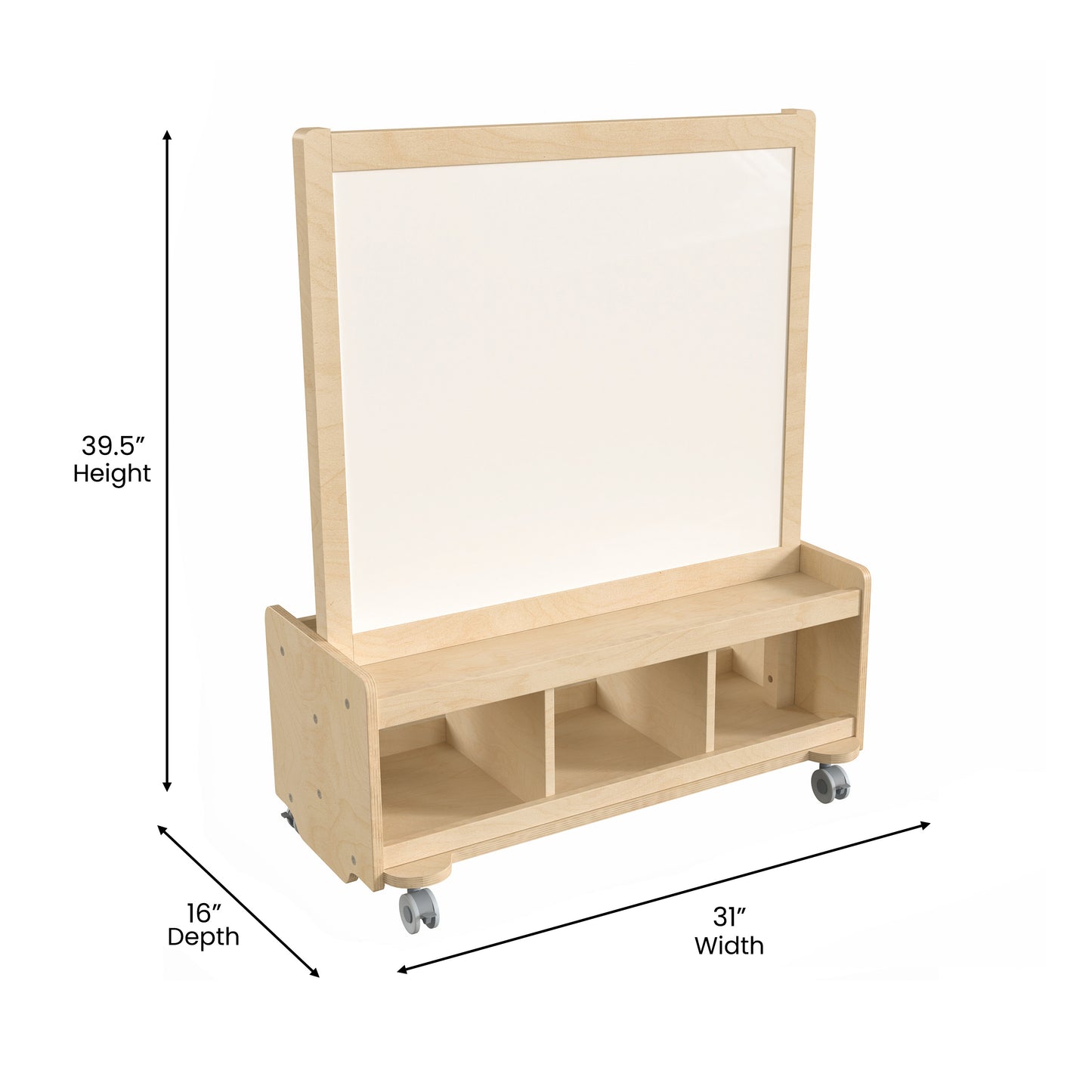 Bright Beginnings Commercial Wooden Mobile Dual Sided 2 Person Art Station with Locking Caster Wheels and Bottom Cubby Storage, Natural Beech