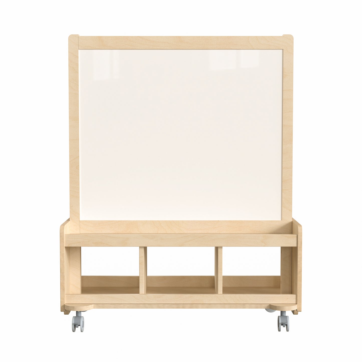 Bright Beginnings Commercial Wooden Mobile Dual Sided 2 Person Art Station with Locking Caster Wheels and Bottom Cubby Storage, Natural Beech