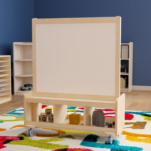 Bright Beginnings Commercial Wooden Mobile Dual Sided 2 Person Art Station with Locking Caster Wheels and Bottom Cubby Storage, Natural Beech