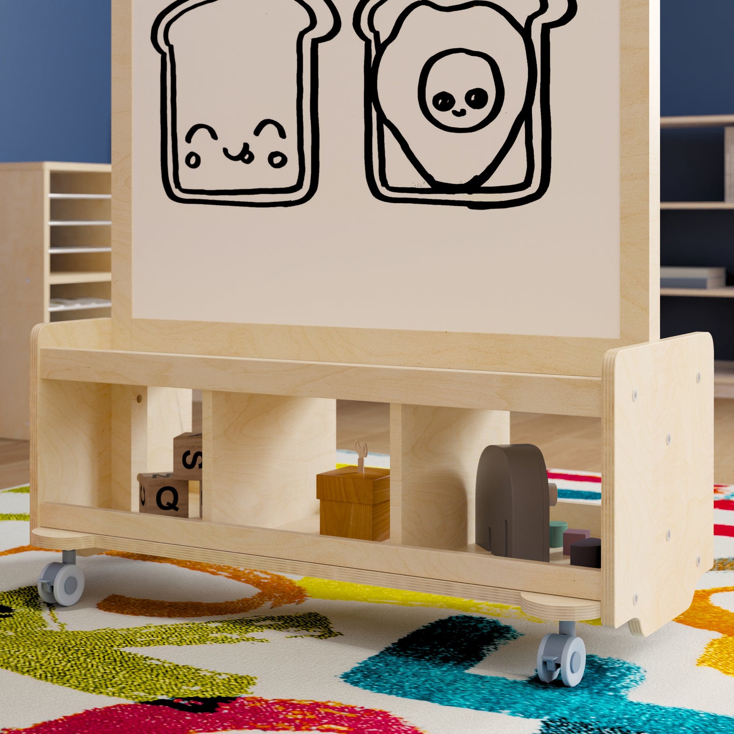 Bright Beginnings Commercial Wooden Mobile Dual Sided 2 Person Art Station with Locking Caster Wheels and Bottom Cubby Storage, Natural Beech