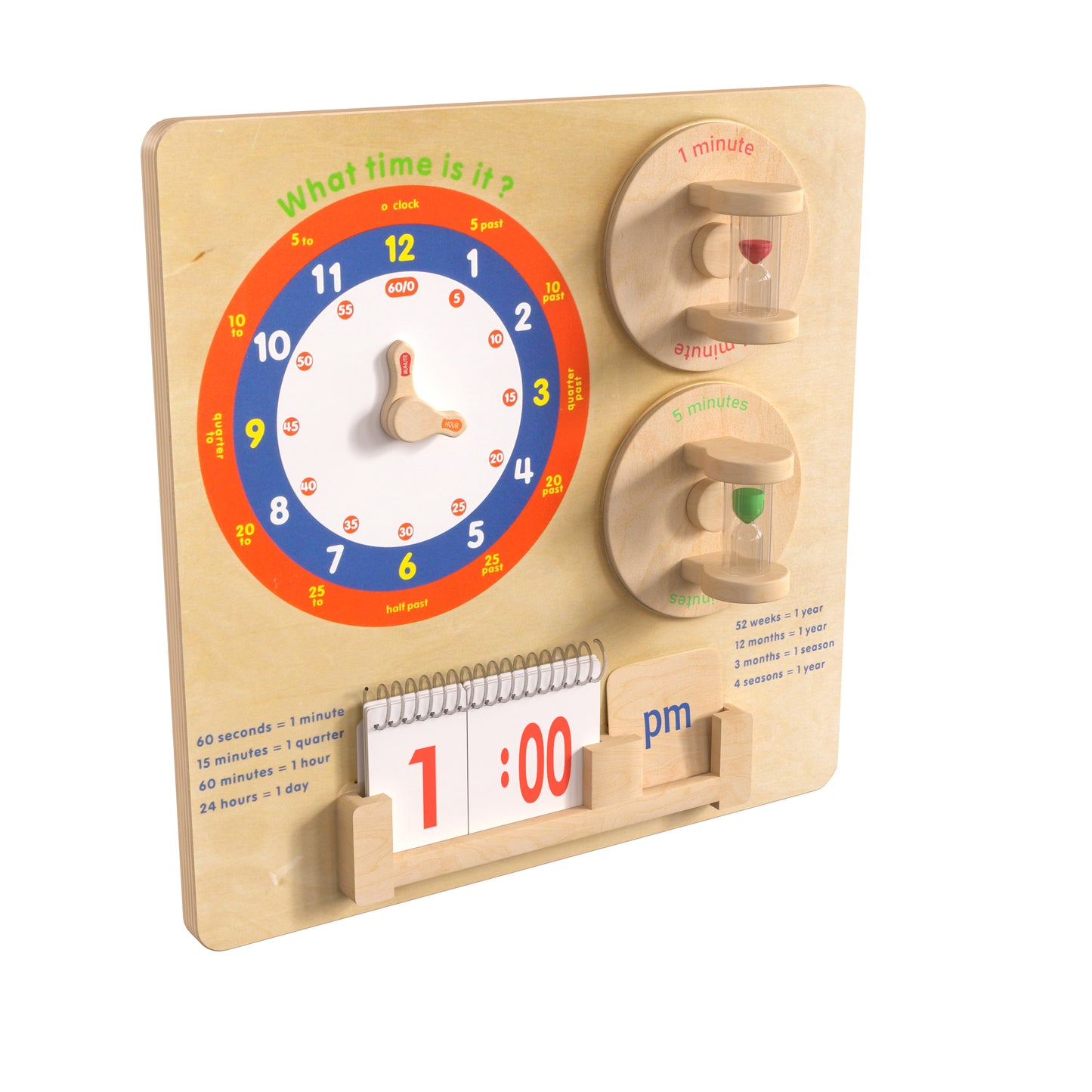 Bright Beginnings Commercial Grade STEAM Wall Activity Board with Natural Finish and Multicolor Accents, Telling Time Beech