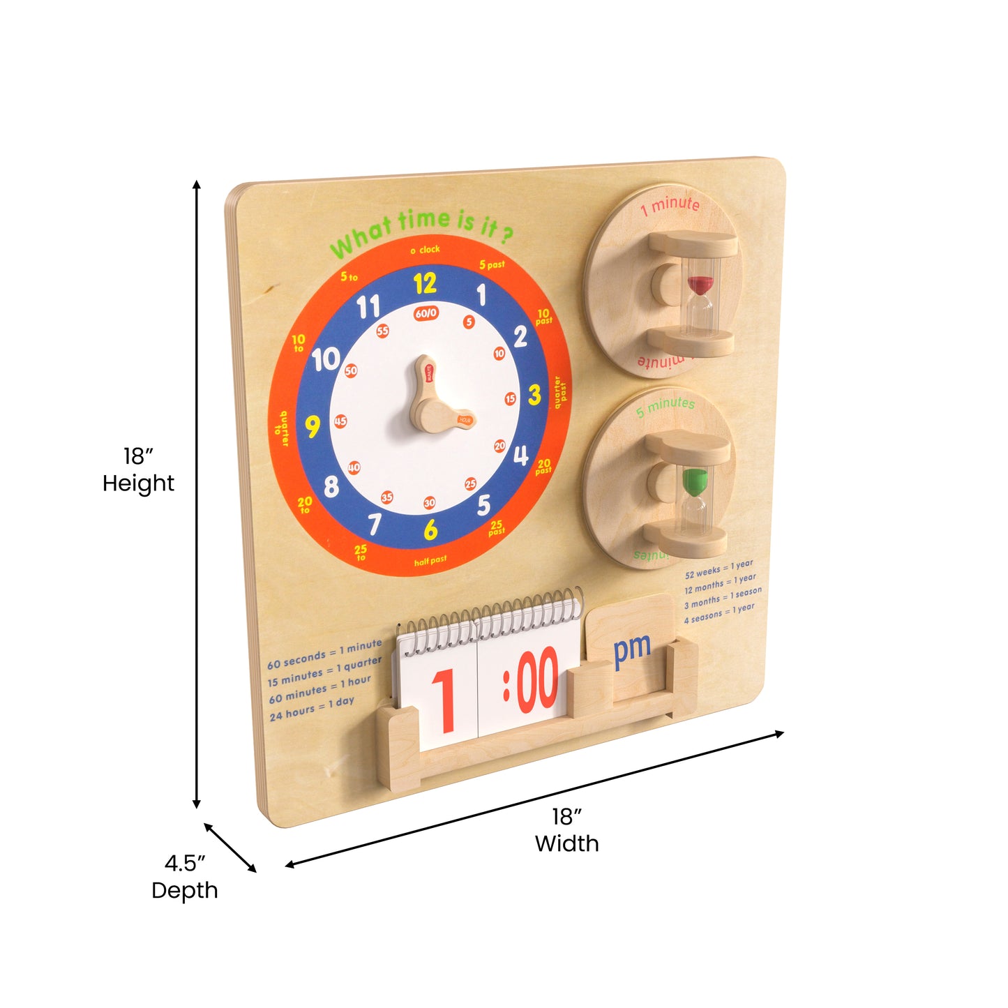 Bright Beginnings Commercial Grade STEAM Wall Activity Board with Natural Finish and Multicolor Accents, Telling Time Beech