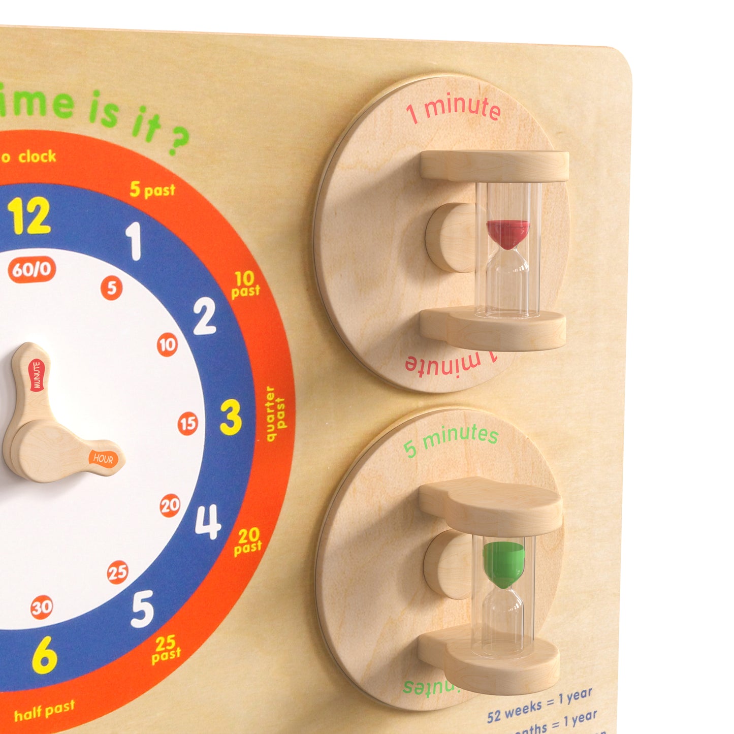 Bright Beginnings Commercial Grade STEAM Wall Activity Board with Natural Finish and Multicolor Accents, Telling Time Beech