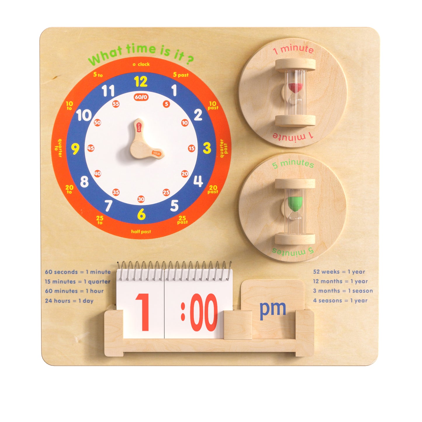 Bright Beginnings Commercial Grade STEAM Wall Activity Board with Natural Finish and Multicolor Accents, Telling Time Beech