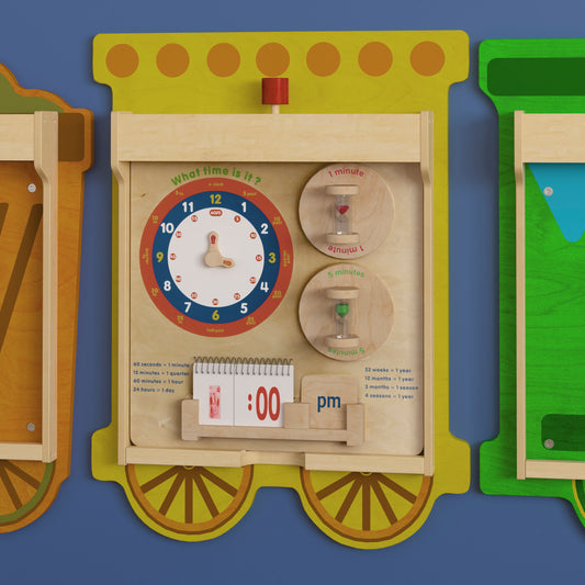 Bright Beginnings Commercial Grade STEAM Wall Activity Board with Natural Finish and Multicolor Accents, Telling Time Beech