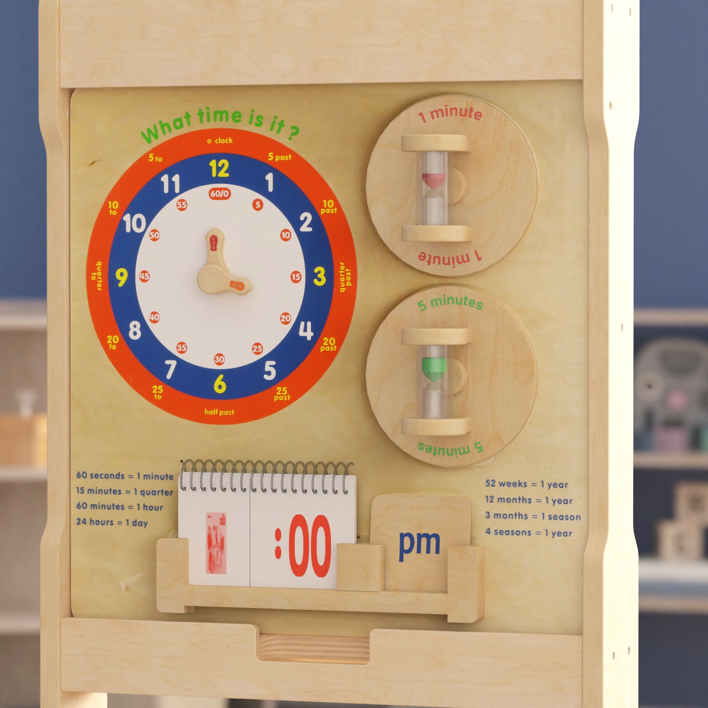 Bright Beginnings Commercial Grade STEAM Wall Activity Board with Natural Finish and Multicolor Accents, Telling Time Beech