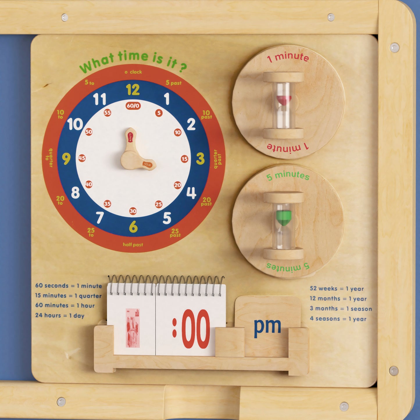 Bright Beginnings Commercial Grade STEAM Wall Activity Board with Natural Finish and Multicolor Accents, Telling Time Beech