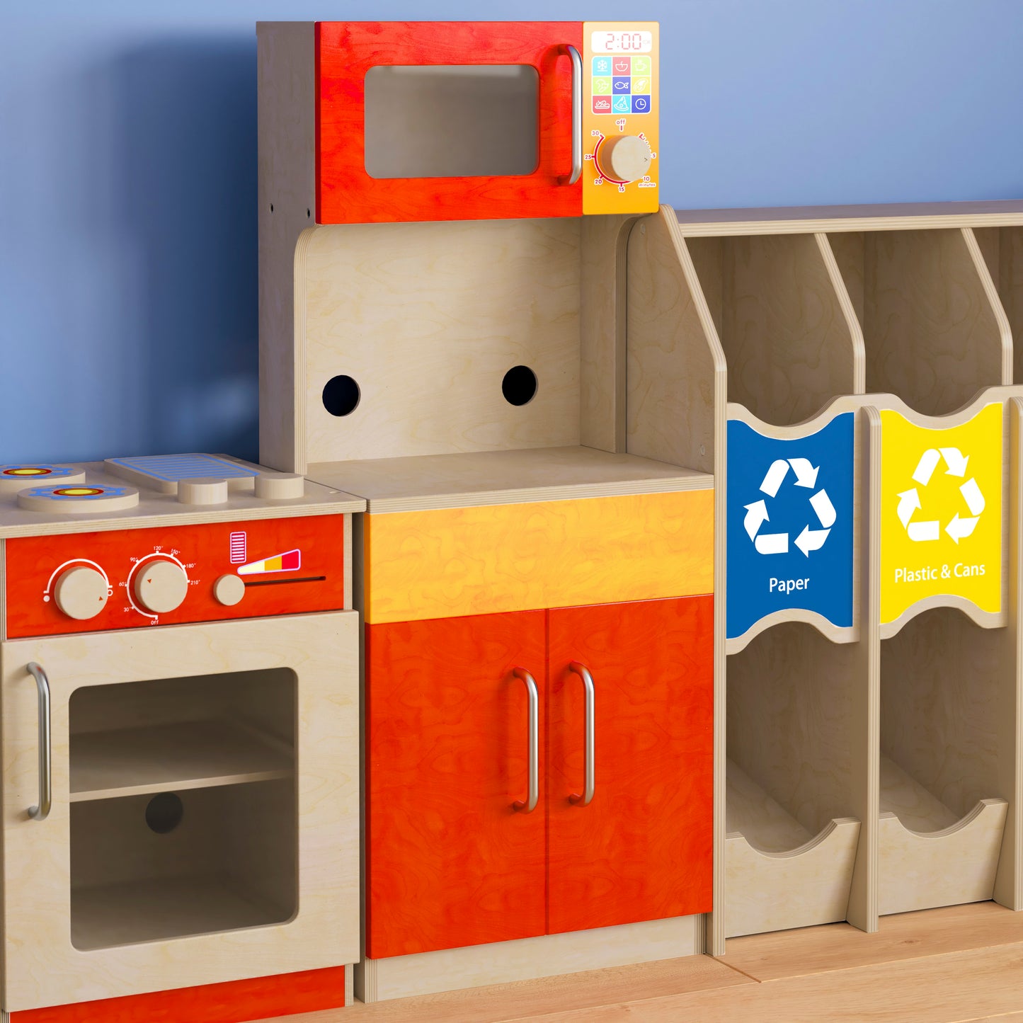 Bright Beginnings Commercial Grade Greenguard Certified Wooden Children's Kitchen Cabinet with Microwave Beech