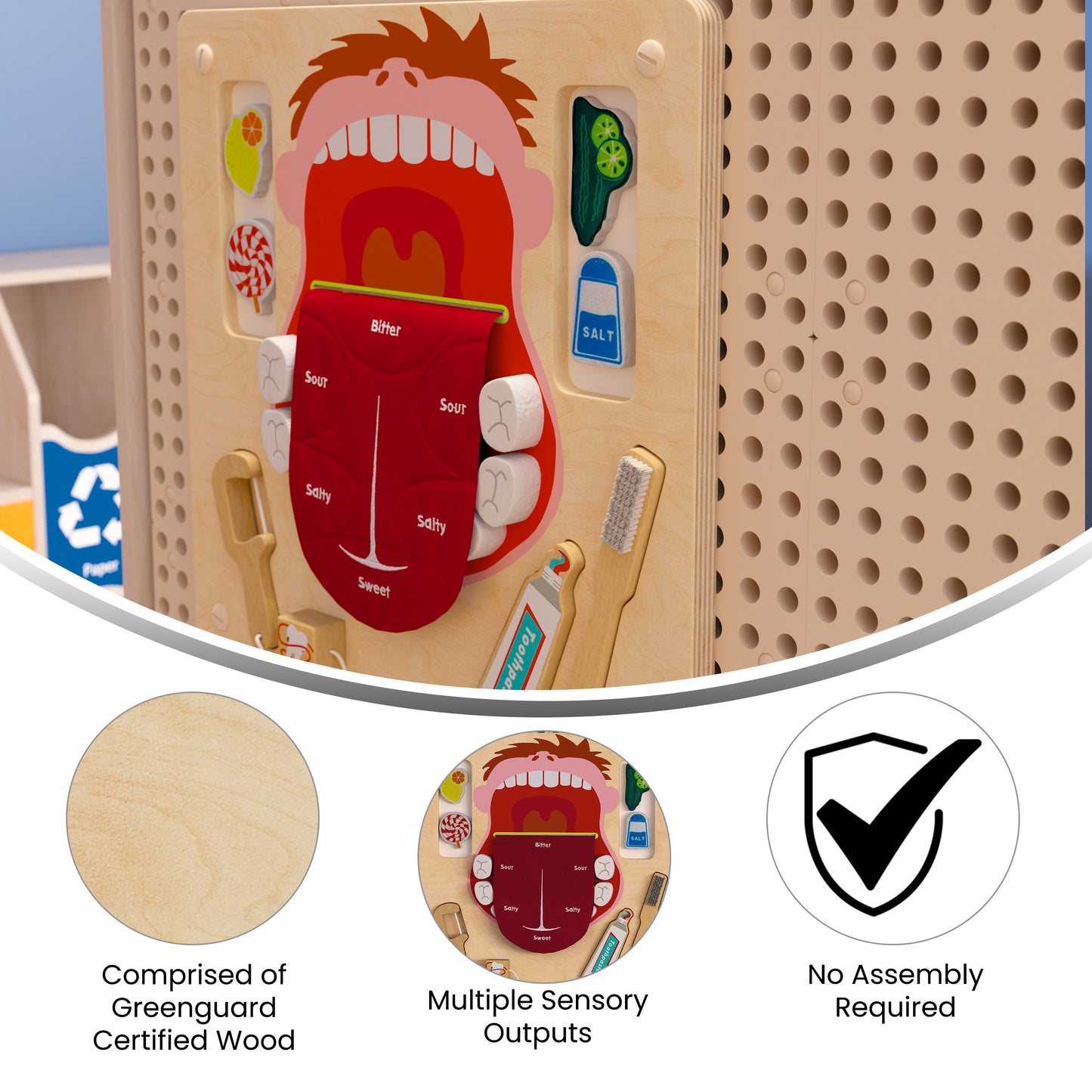 Bright Beginnings Commercial Grade STEAM Wall Activity Board with Natural Finish and Multicolor Accents, Dental Hygiene Beech/Multi