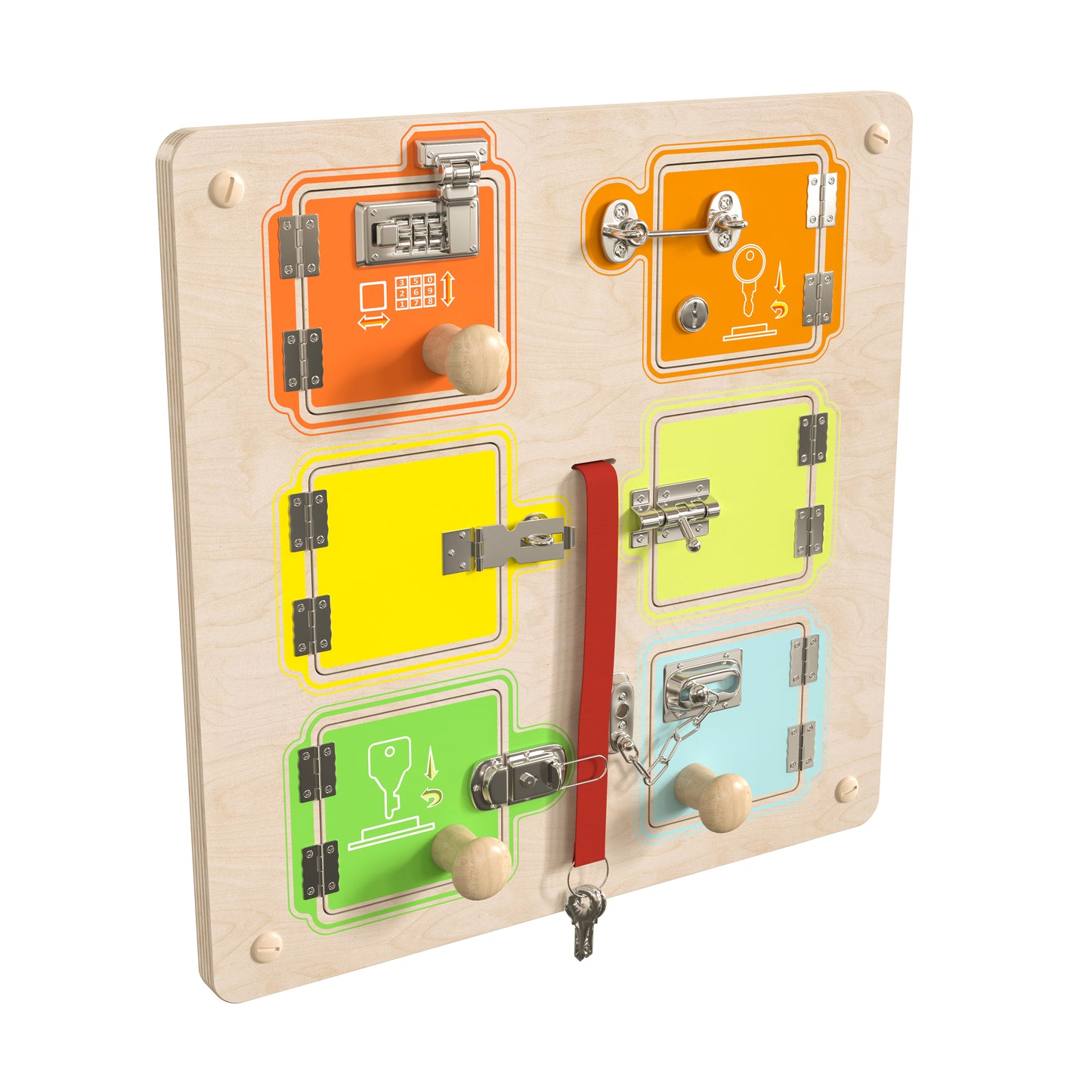 Bright Beginnings Commercial Grade STEAM Wall Activity Board with Natural Finish and Multicolor Accents, Locks and Buckles Beech/Multi