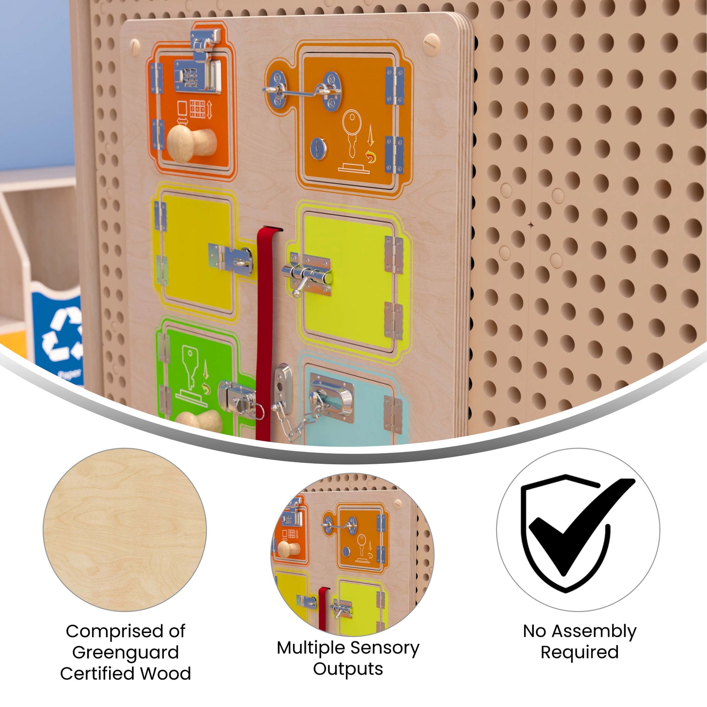 Bright Beginnings Commercial Grade STEAM Wall Activity Board with Natural Finish and Multicolor Accents, Locks and Buckles Beech/Multi