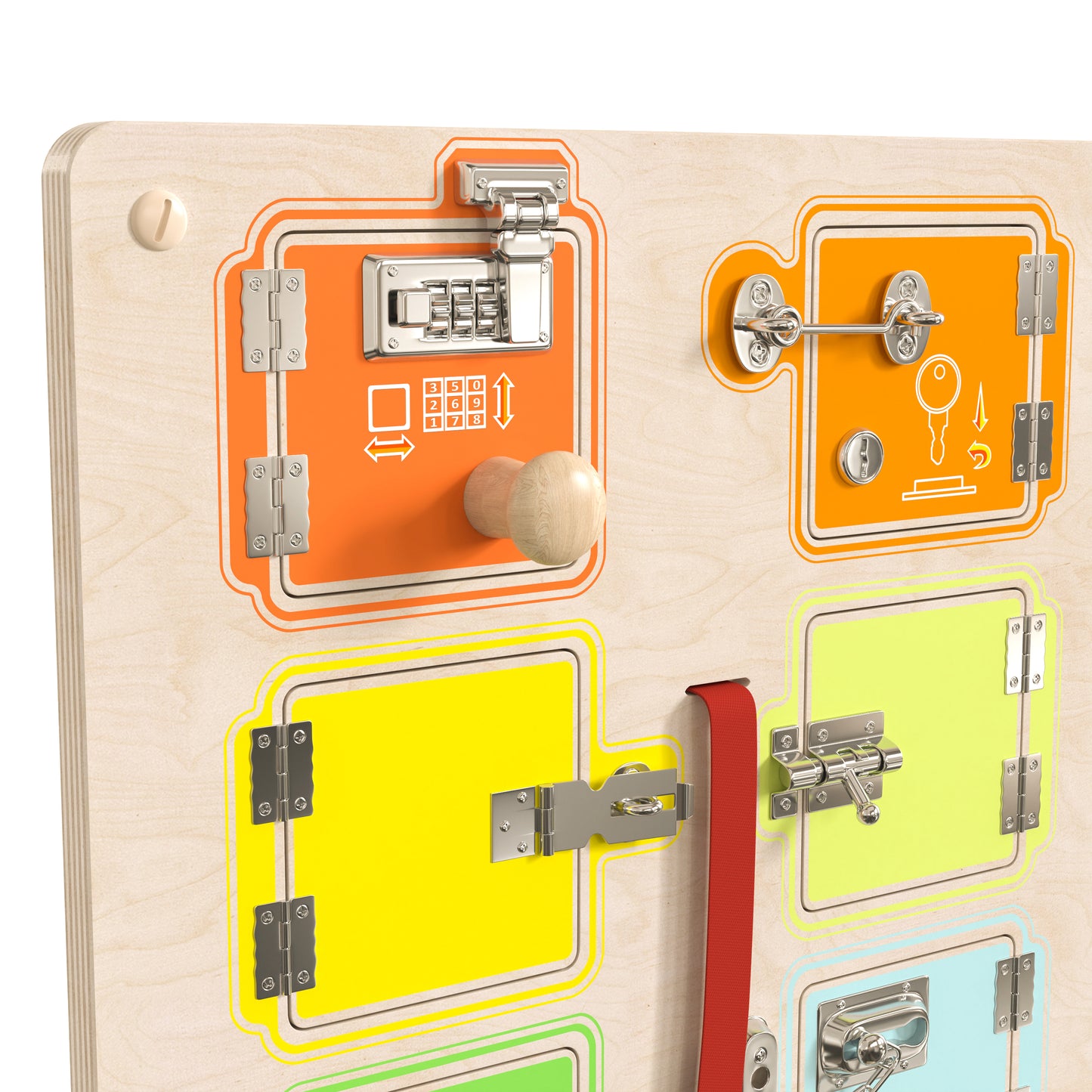 Bright Beginnings Commercial Grade STEAM Wall Activity Board with Natural Finish and Multicolor Accents, Locks and Buckles Beech/Multi