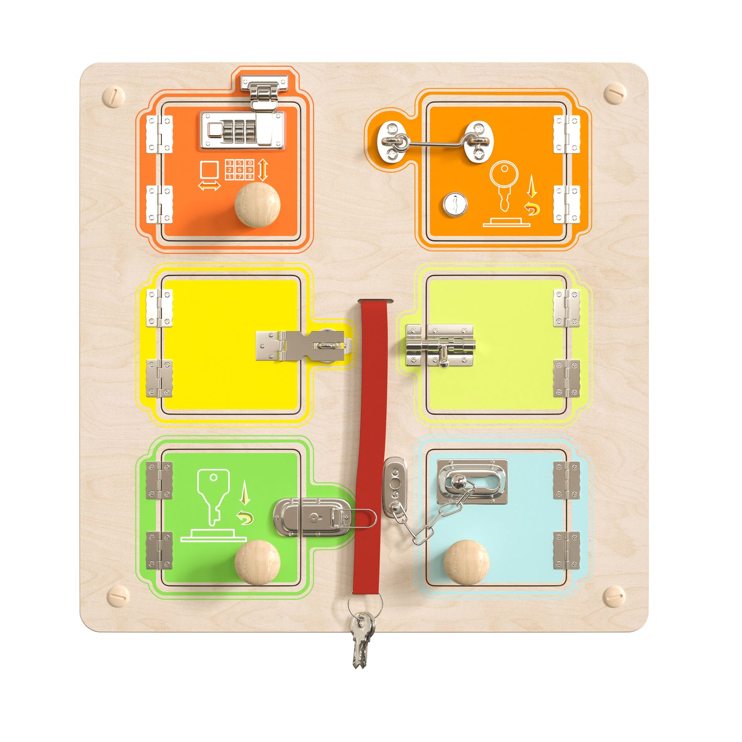 Bright Beginnings Commercial Grade STEAM Wall Activity Board with Natural Finish and Multicolor Accents, Locks and Buckles Beech/Multi