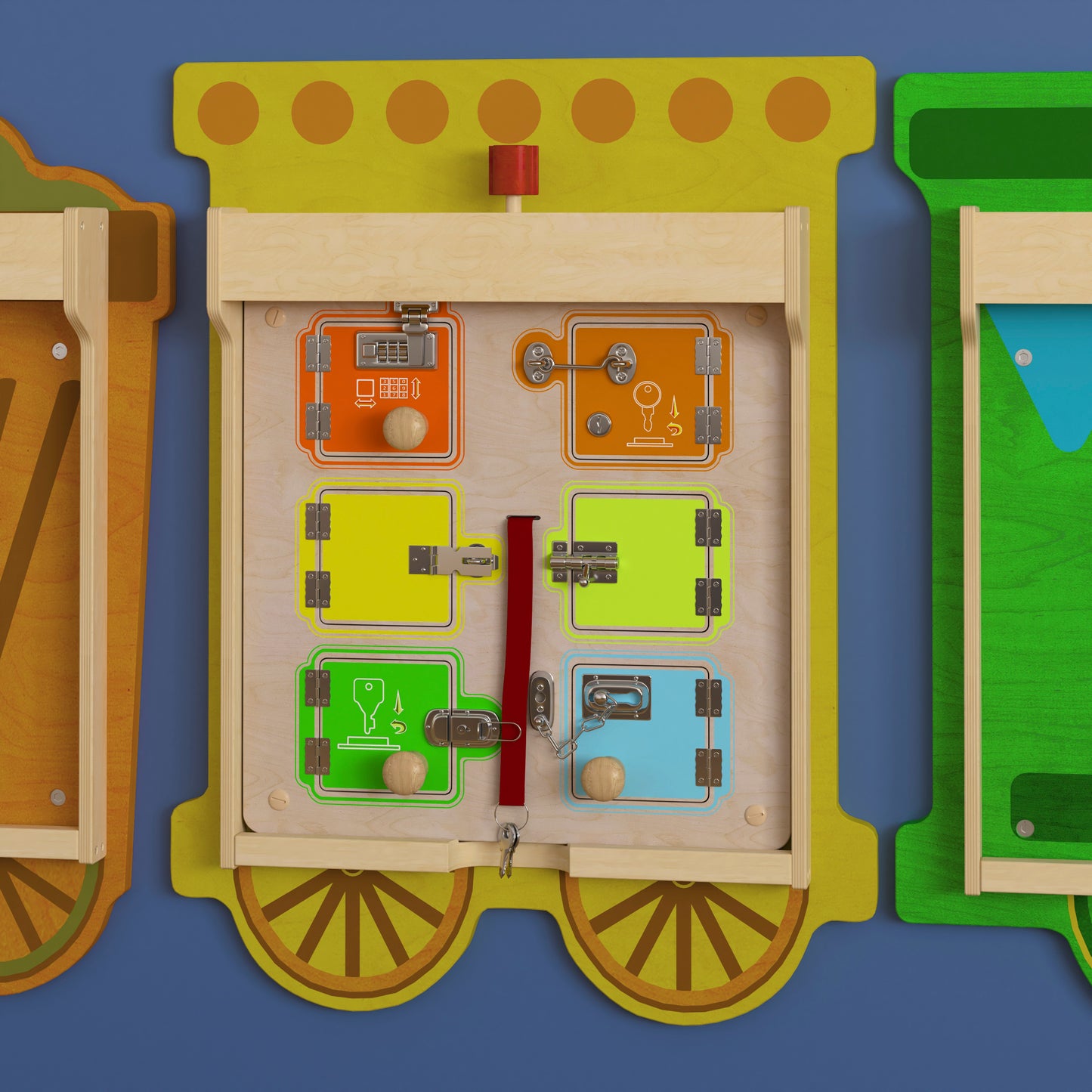 Bright Beginnings Commercial Grade STEAM Wall Activity Board with Natural Finish and Multicolor Accents, Locks and Buckles Beech/Multi