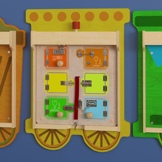 Bright Beginnings Commercial Grade STEAM Wall Activity Board with Natural Finish and Multicolor Accents, Locks and Buckles Beech/Multi