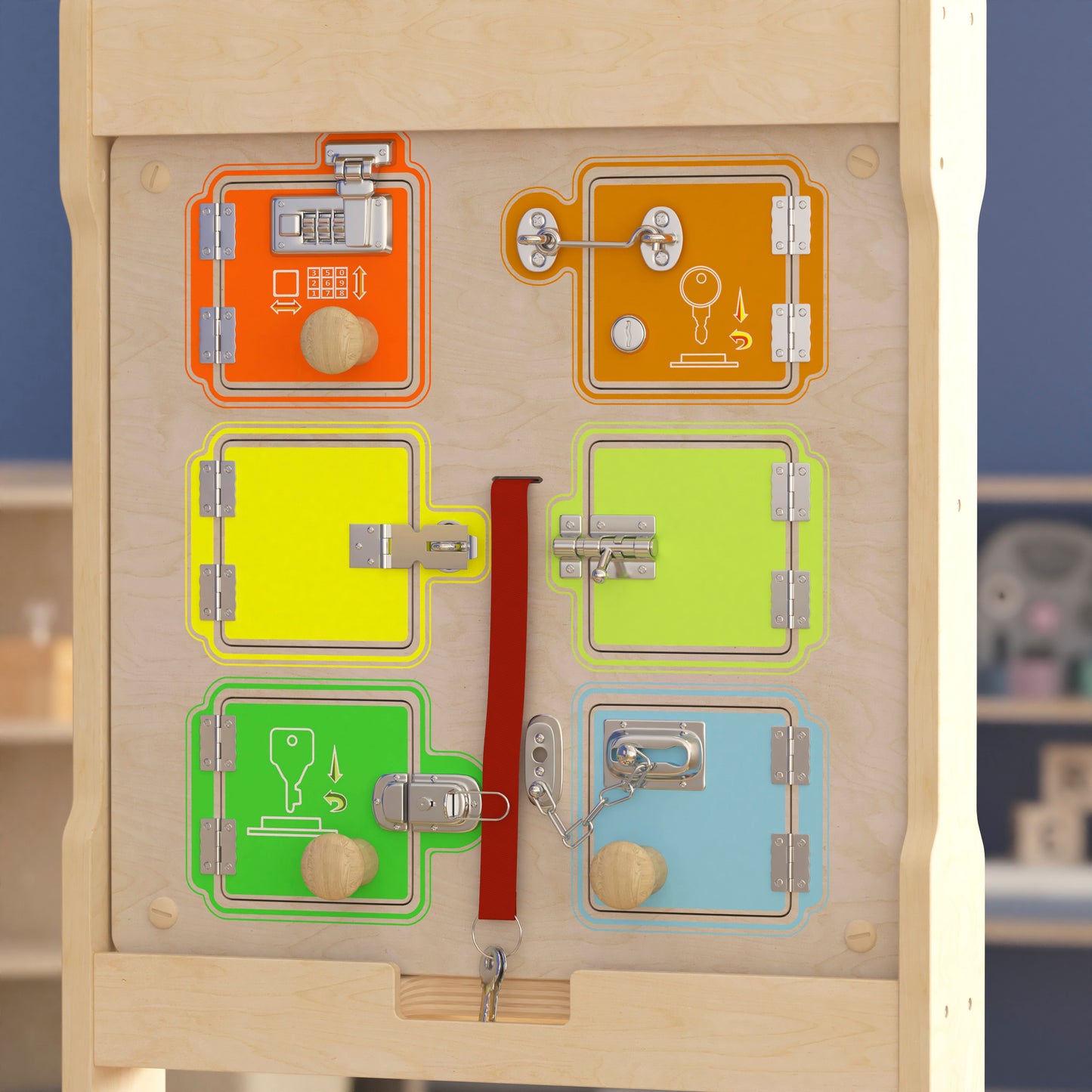 Bright Beginnings Commercial Grade STEAM Wall Activity Board with Natural Finish and Multicolor Accents, Locks and Buckles Beech/Multi