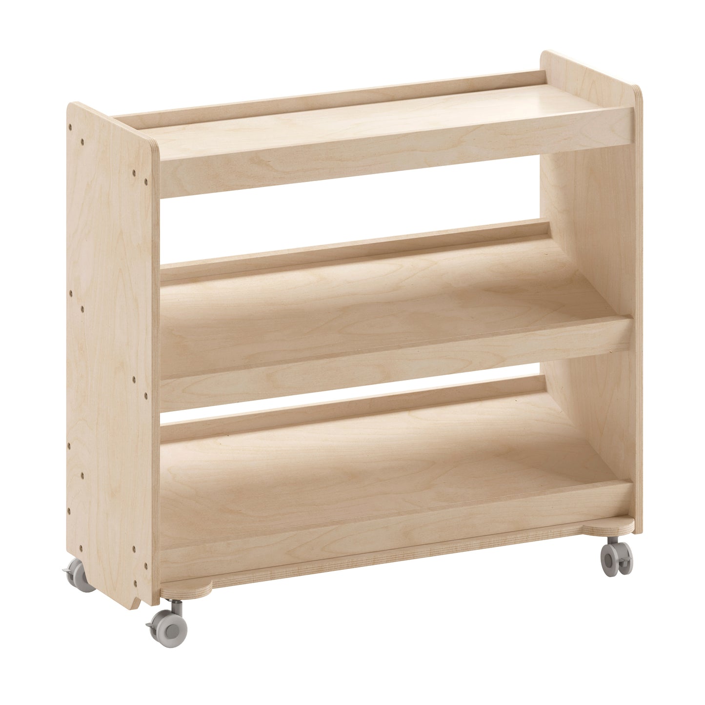 Bright Beginnings Commercial Space Saving Wooden Mobile Classroom Storage Cart, 3 Angled Shelves, Locking Caster Wheels, Kid Friendly Design, Natural Beech
