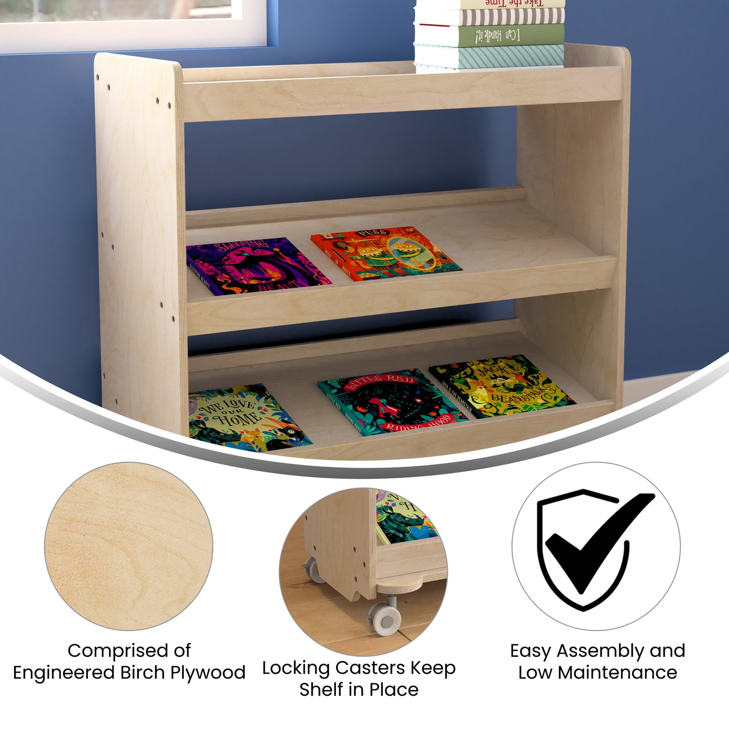 Bright Beginnings Commercial Space Saving Wooden Mobile Classroom Storage Cart, 3 Angled Shelves, Locking Caster Wheels, Kid Friendly Design, Natural Beech