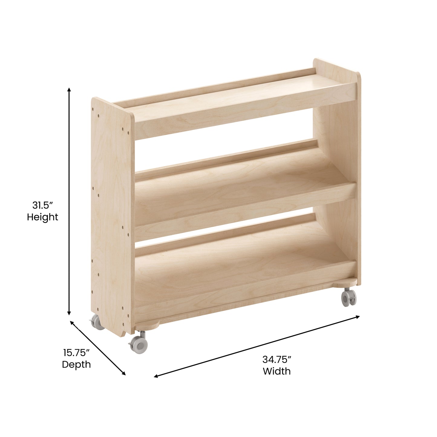 Bright Beginnings Commercial Space Saving Wooden Mobile Classroom Storage Cart, 3 Angled Shelves, Locking Caster Wheels, Kid Friendly Design, Natural Beech